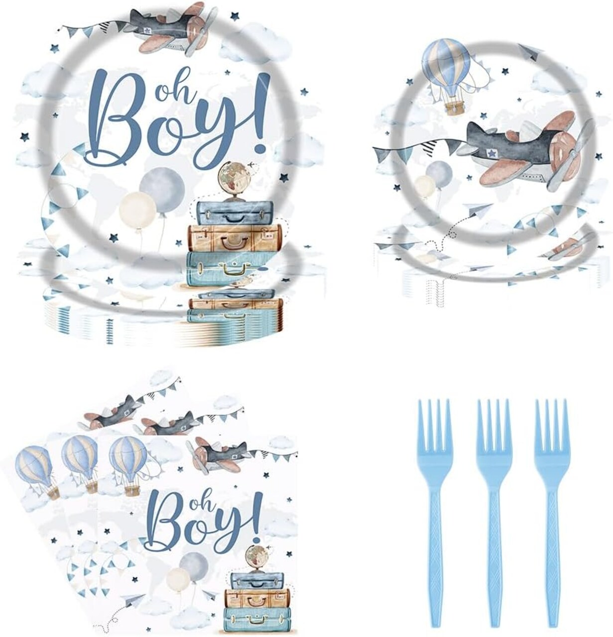 Airplane Baby Shower Party Tableware Set 96 Pcs, Serve 24 Guests